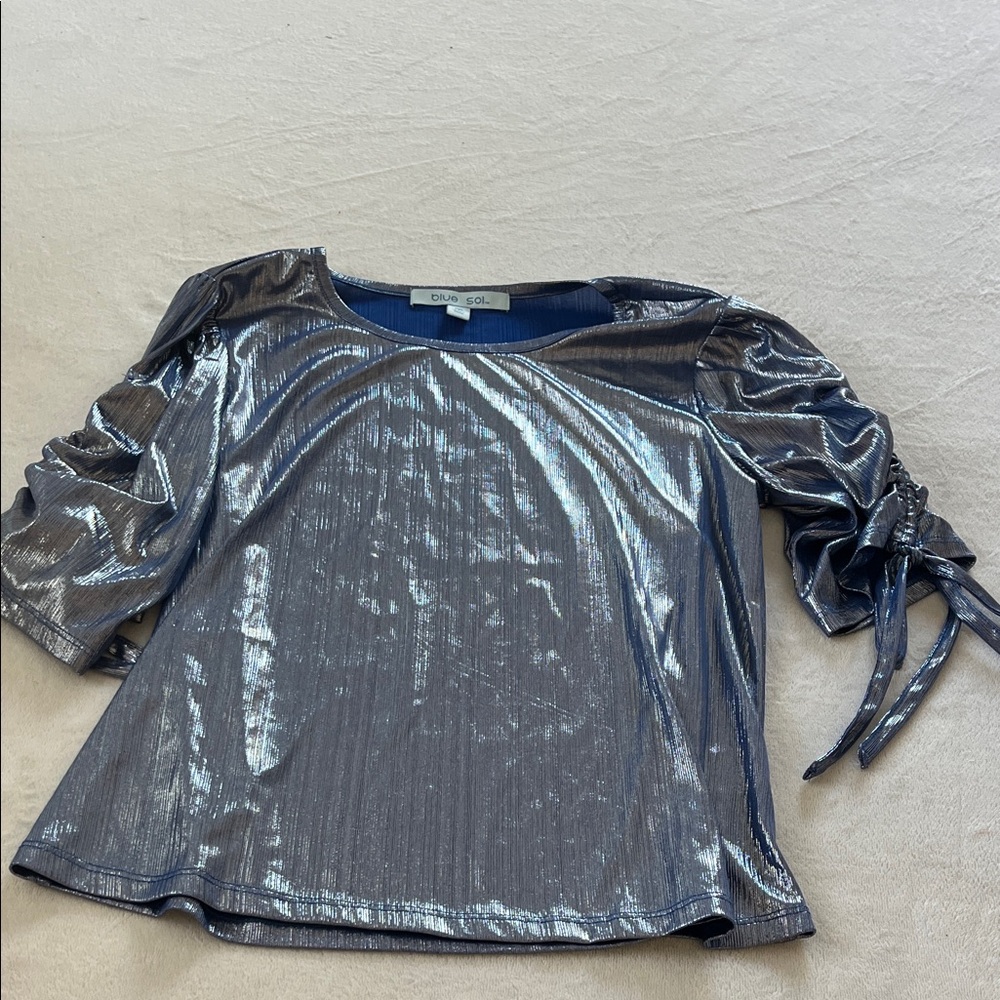 Diane Gilman Metallic Blue Blouse with Gathered Sleeves